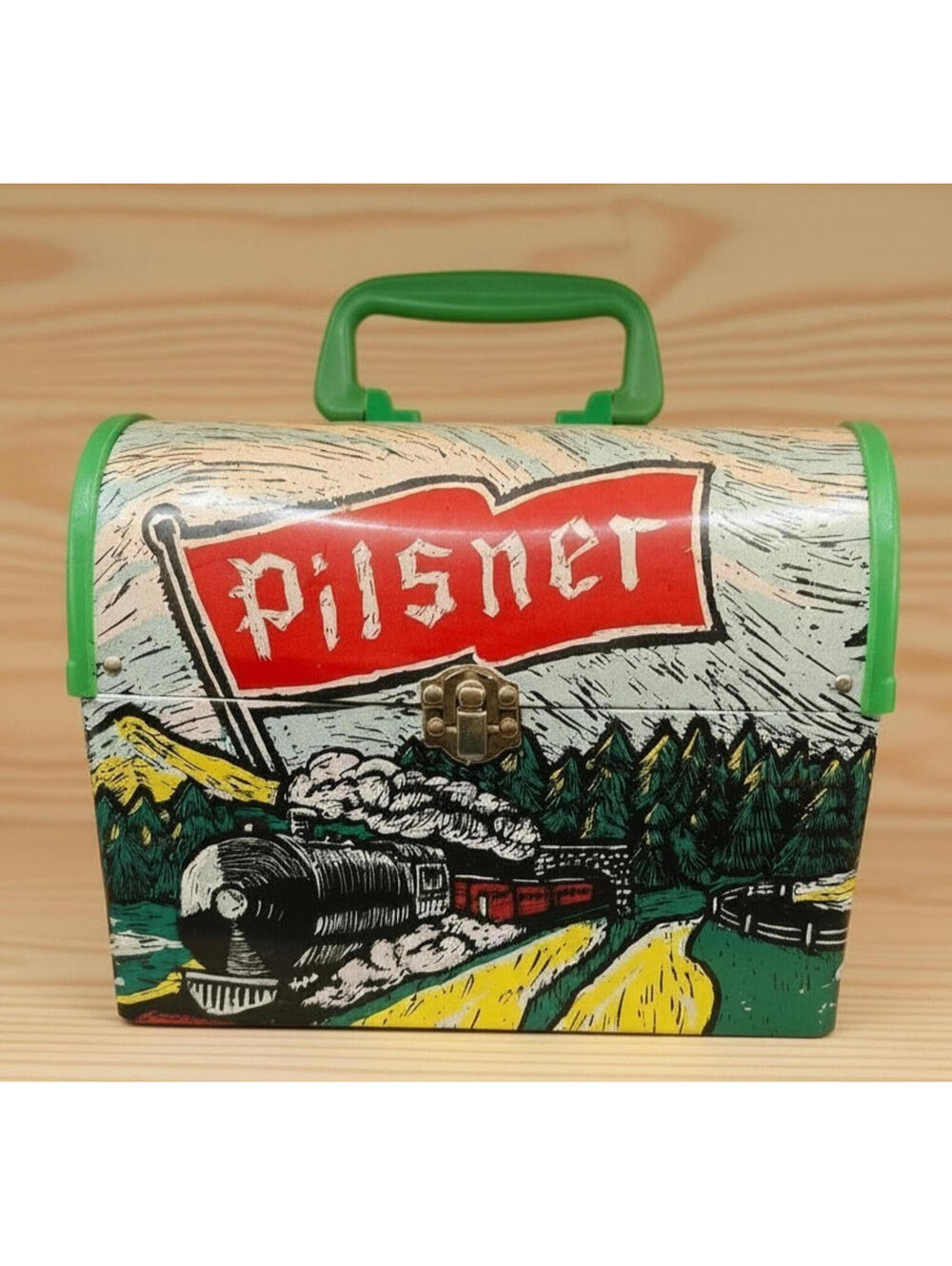 Vintage Pilsner Beer Advertising Tin Carry Case Gift Box Train Scene Breweriana